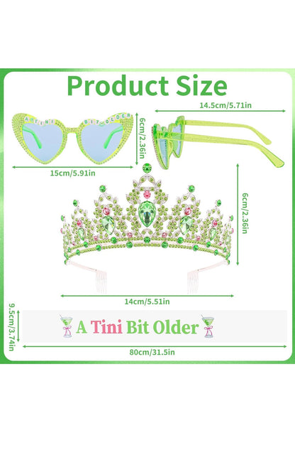 A Tini Bit Older Birthday Set, Sash, Rhinestone Tiara and Heart Sunglasses, Green
