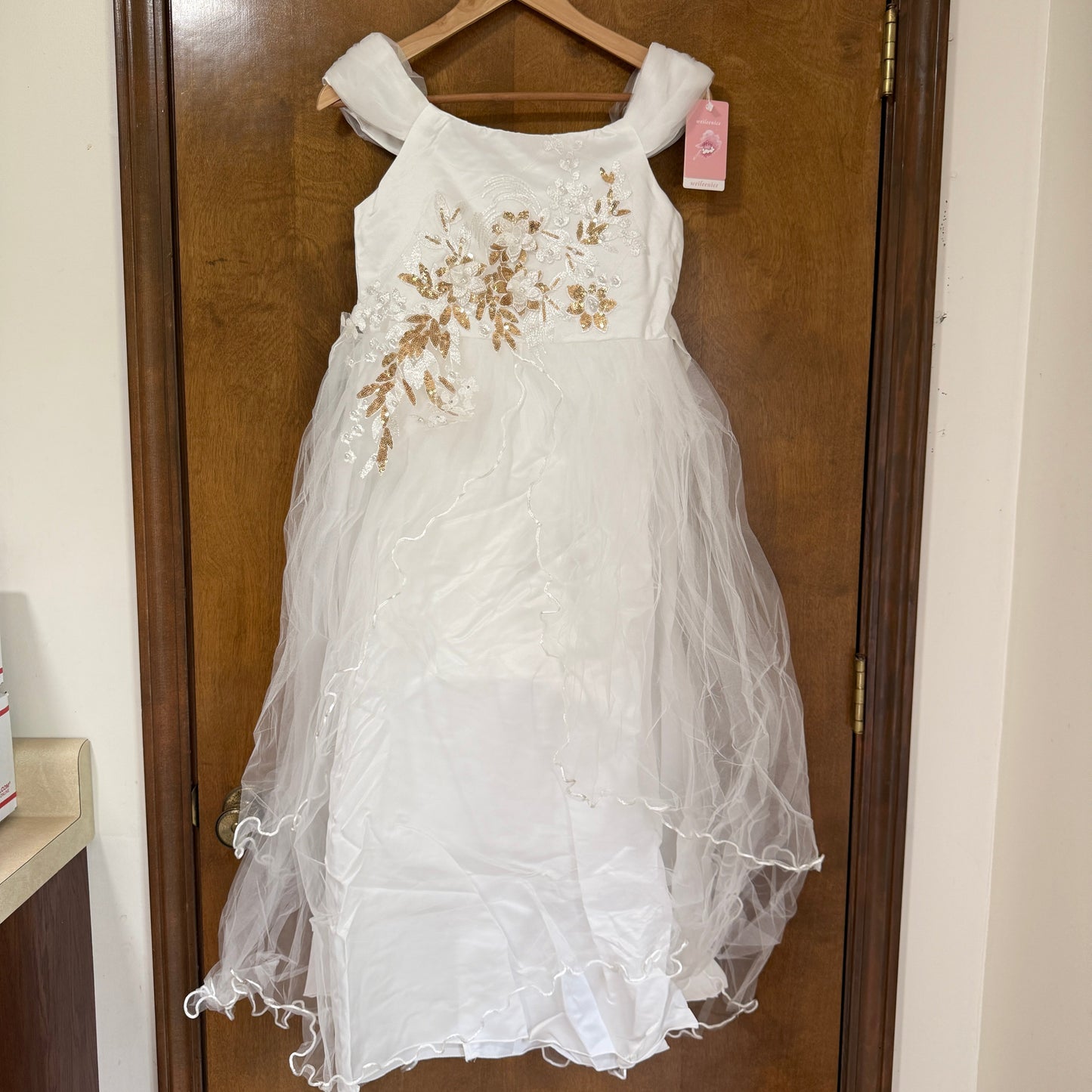 White Gold Sequin Flower Girl Party Gown Size 12/14