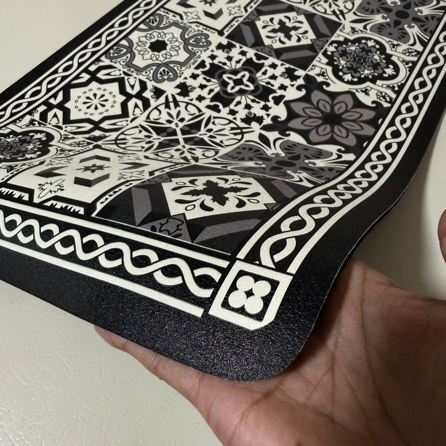 Coffee Bar Mat for Countertop, 12 x 19 in, Black and White Tile Print, Rubber Backed