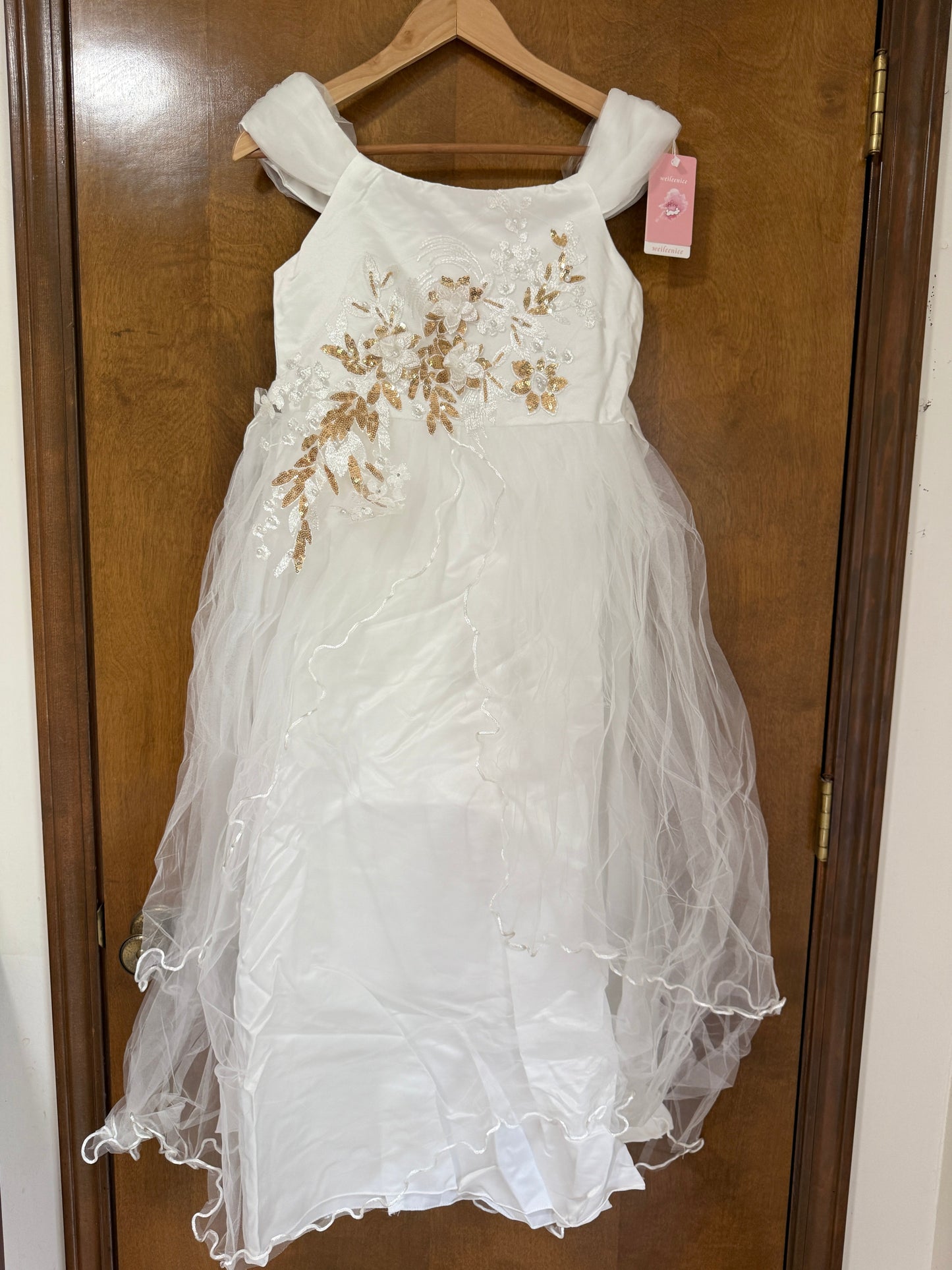 White Gold Sequin Flower Girl Party Gown Size 12/14
