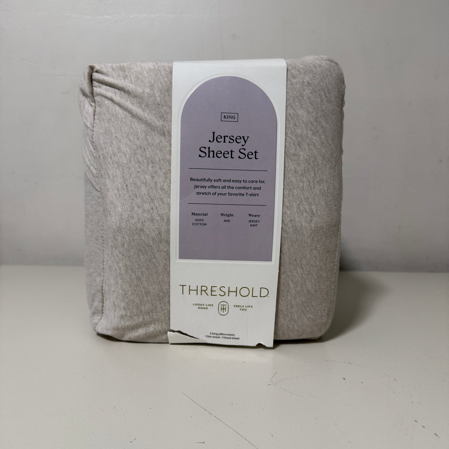 Threshold Cotton Jersey Sheet Set, King, Oatmeal Heather, 4-Piece 100% Cotton