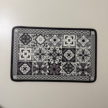 Coffee Bar Mat for Countertop, 12 x 19 in, Black and White Tile Print, Rubber Backed