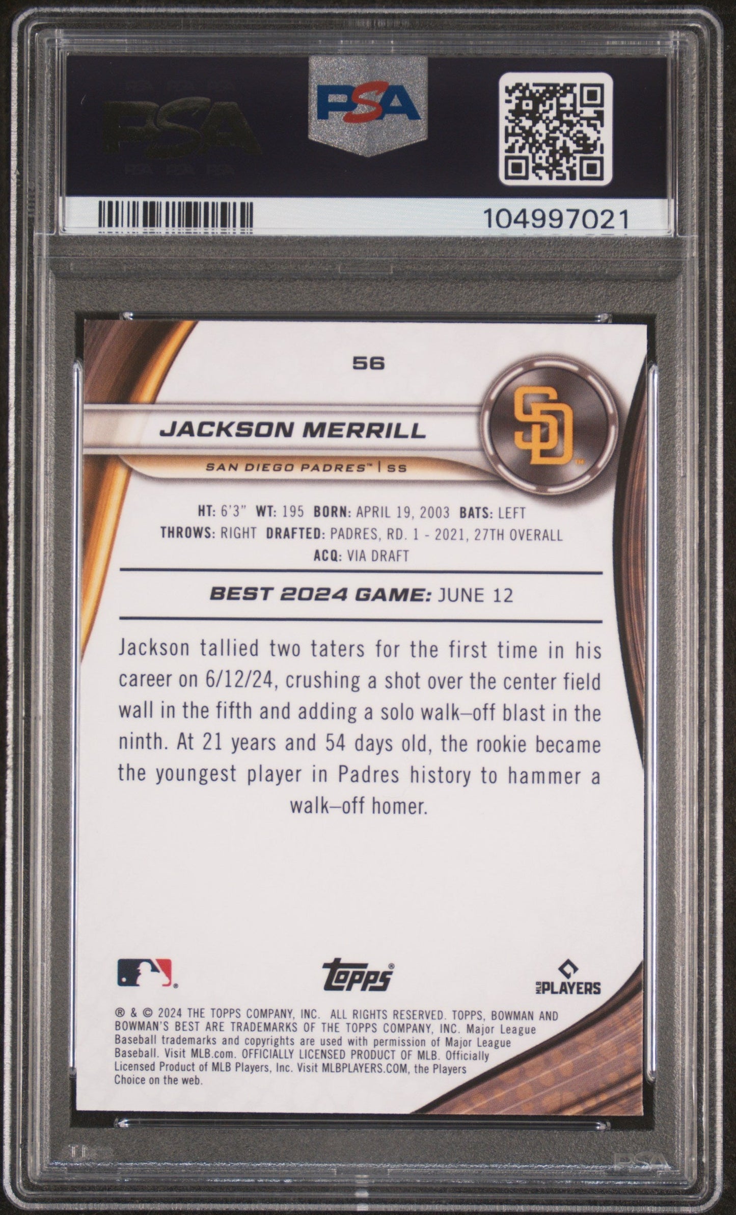 Graded 2024 Topps Bowmans Best Jackson Merrill #56 Rookie RC Baseball Card PSA 10 Gem Mint