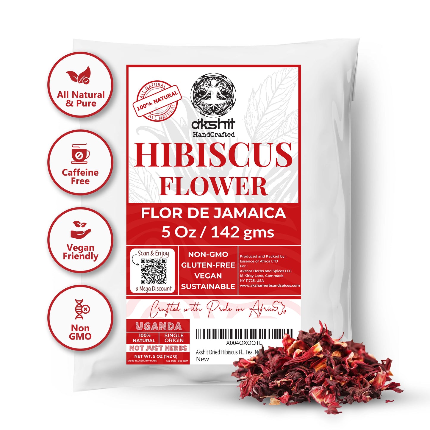 Dried Hibiscus Flowers 5oz – Loose Leaf Herbal Tea | Caffeine-Free, Non-GMO, Vegan