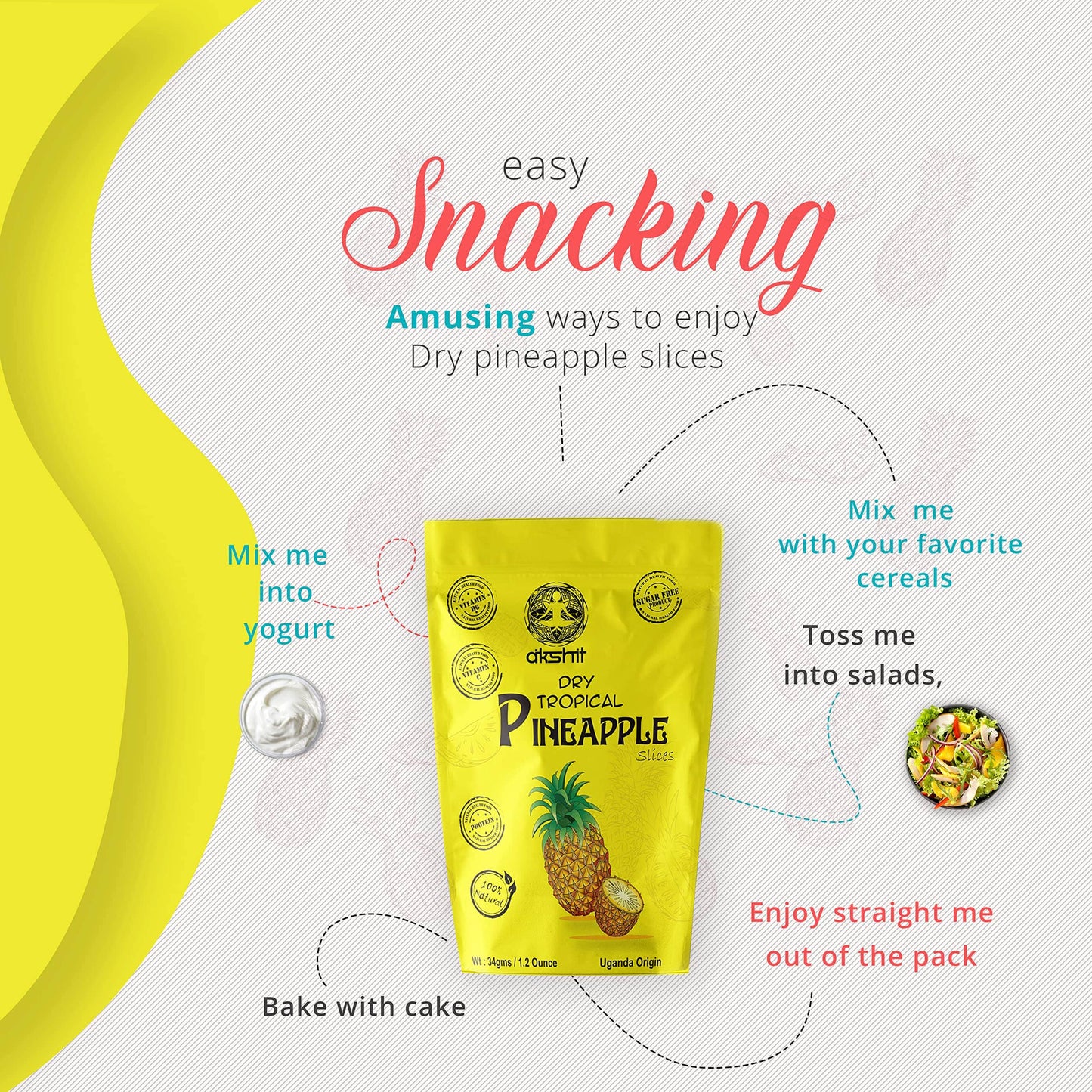 Akshit Premium Dried Pineapple Chunks | 100% Natural, No Sugar, Gluten-Free, Non-GMO 1.2 oz (12 count ) I piña bocadillo I Tranches d'ananas secs