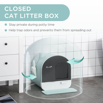 Covered Cat Litter Box with Odor Filter - Complete Privacy Kit with Tray, Scoop & Mat | Green Hooded Litter House