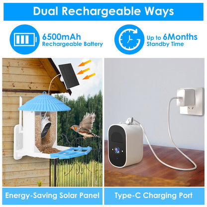Solar Powered Smart Bird Feeder 2K Bird Watching Camera With PIR Motion AI Birds Species Identify Two-Way Audio Real-Time App Notification Capture Video Gift For Bird Lover