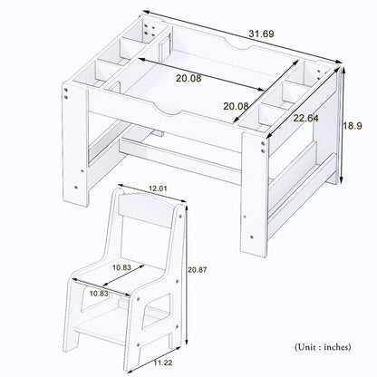 2 in 1 Play Table and 2 Chair Set with Storage, Compatible with LEGO and Duplo Bricks, Activity Table Playset Furniture with Modern White Color