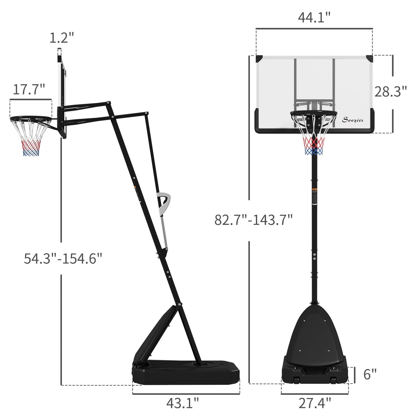 Freestanding Adjustable Basketball Hoop with 44" Shatterproof Backboard & Wheels