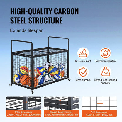Heavy-Duty Lockable Sports Ball Storage Cart - Double Lid Organizer for Home and Gym