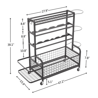 Multi-Purpose 4-Tier Metal Rolling Organizer for Sports Gear with Baskets and Hooks