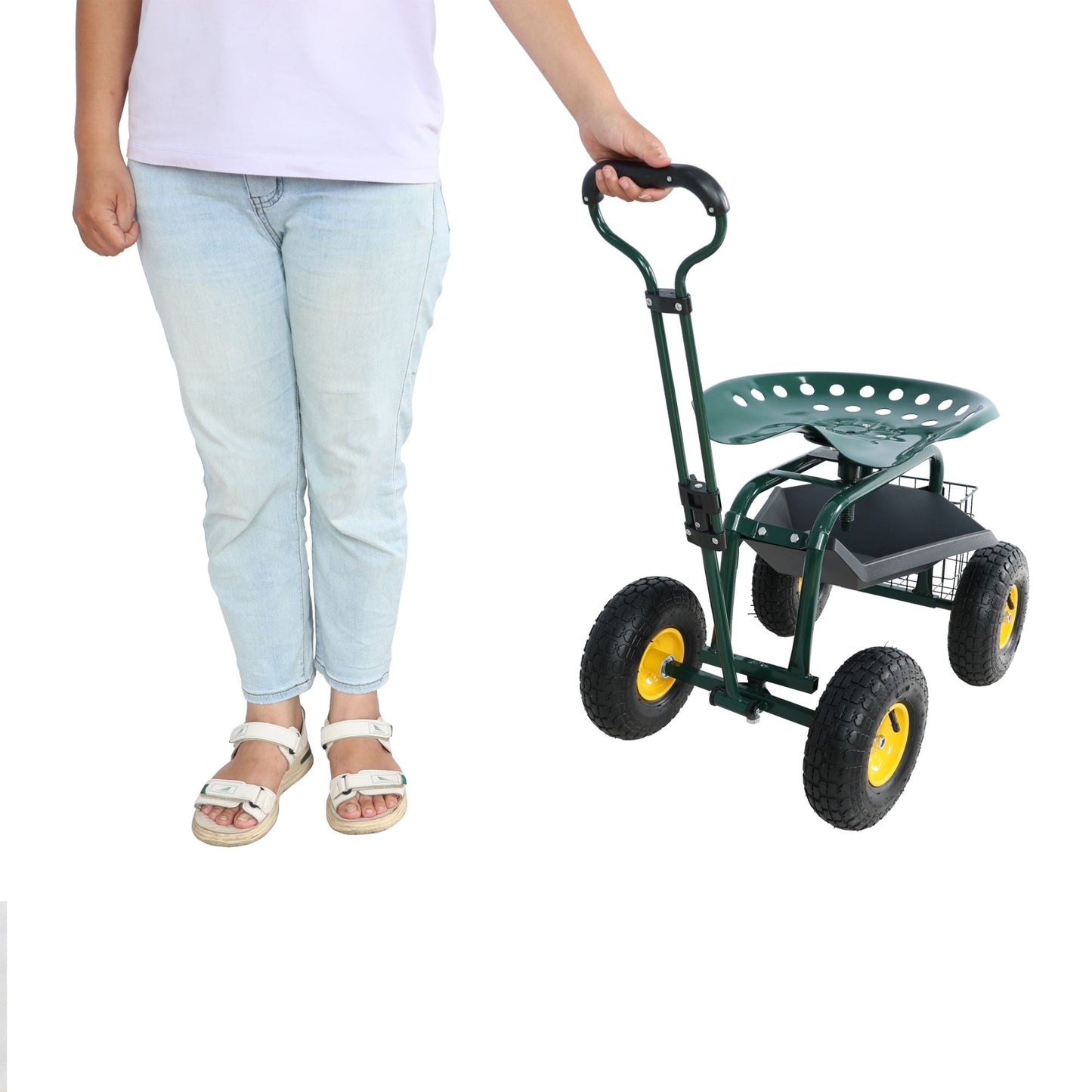 Garden trolley Rolling work chair with wheels, garden stool for planting, 360 degree swivel seat, station wagon scooter with steering handle and utility tray, for yard and outdoors, (green)