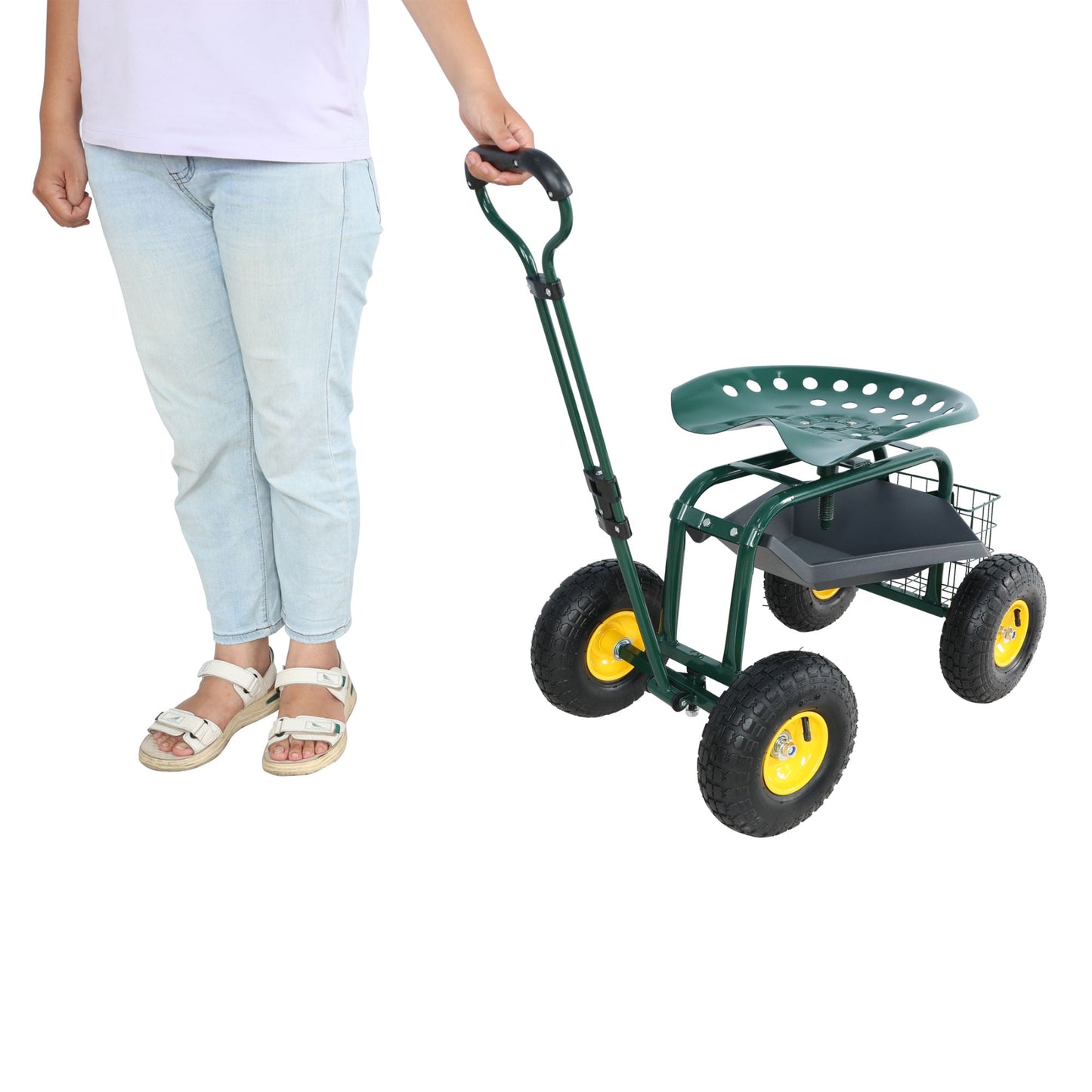 Garden trolley Rolling work chair with wheels, garden stool for planting, 360 degree swivel seat, station wagon scooter with steering handle and utility tray, for yard and outdoors, (green)
