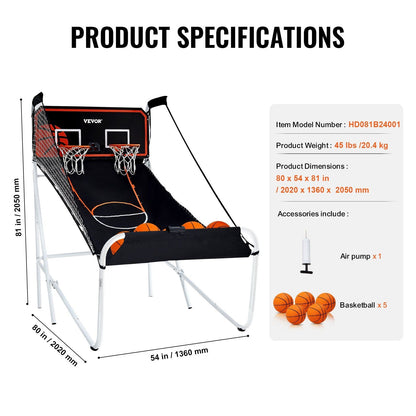 Interactive Indoor Dual Player Basketball Arcade Game with Electronic Scoreboard & Balls