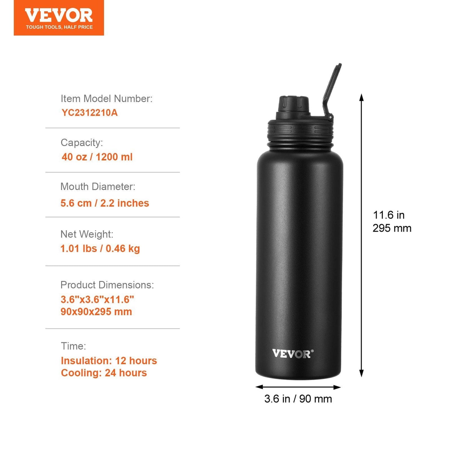 40 Oz tumbler Insulated rambler Stainless Steel with Wide Mouth Lid Black