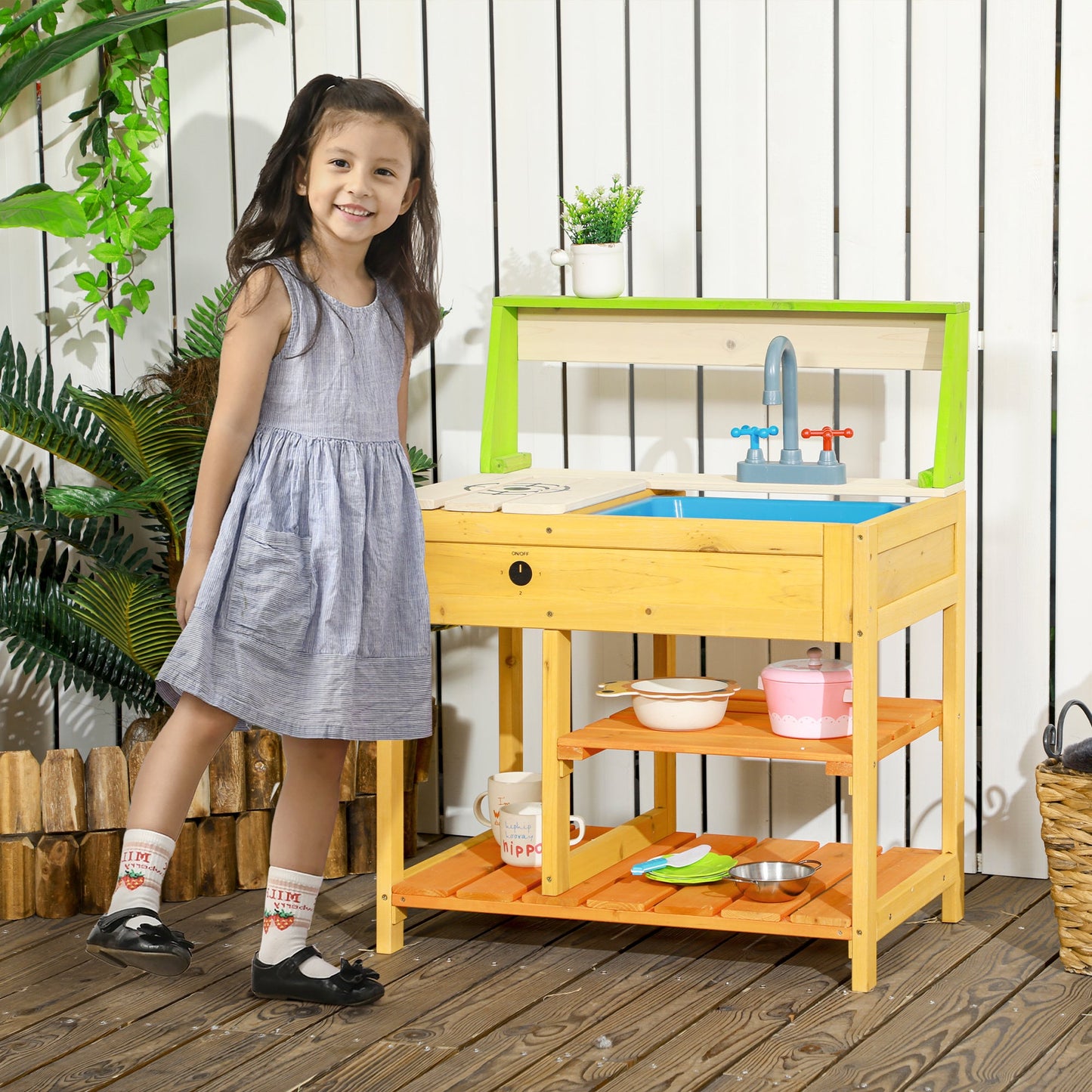 Outsunny Mud Kitchen Outdoor Kitchen Playset for Kids Wooden with Realistic Play Kitchen Toys, Faucet and Sink, Storage Shelves, Gift for Girls and Boys Aged 3-8 Years Old