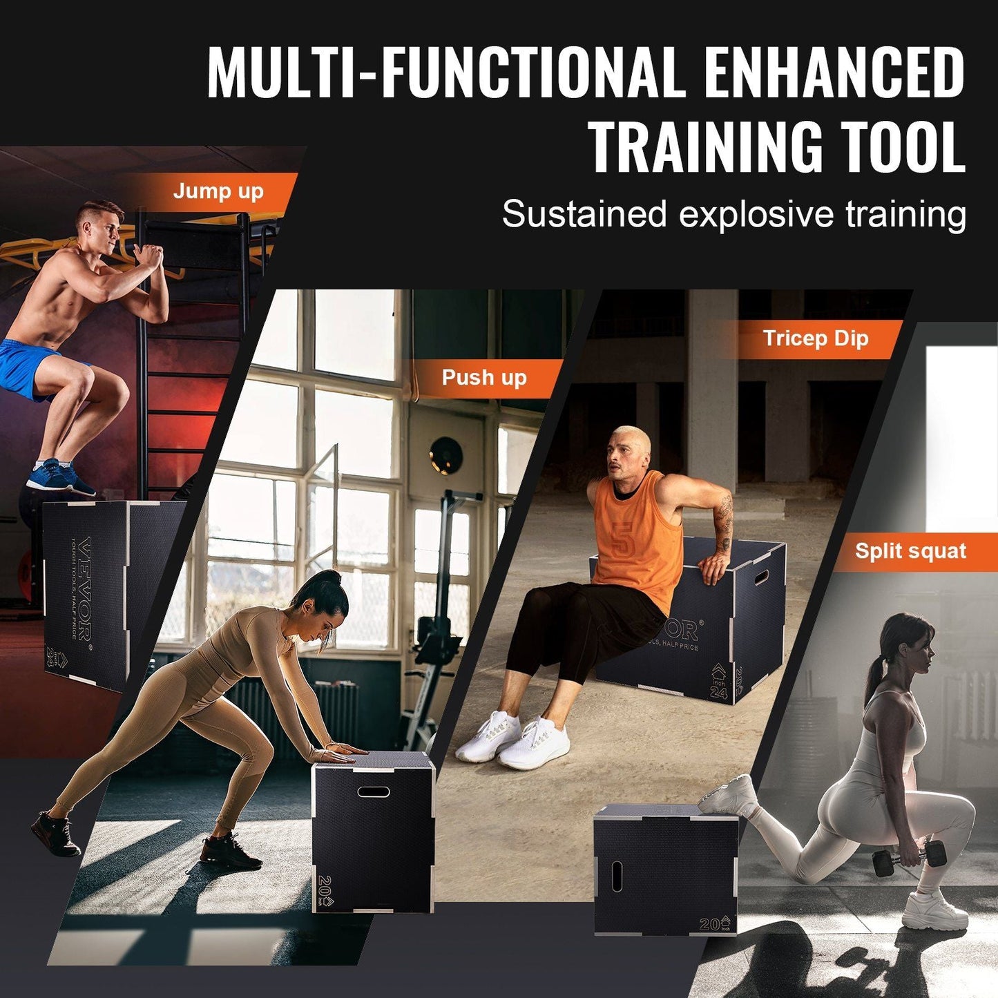 3 in 1 Plyometric Jump Box, 30/24/20 Inch Wooden Plyo Box, Platform & Jumping Agility Box, Anti-Slip Fitness Exercise Step Up Box for Home Gym Training, Conditioning Strength Training, Black