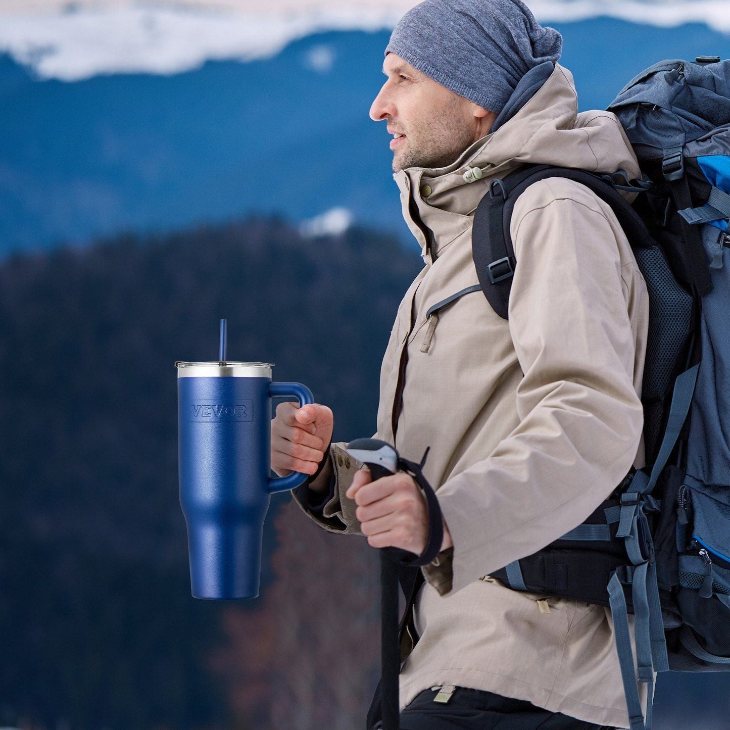 40 oz rambler Insulated tumbler Stainless Steel Coffee Cup Handheld Blue