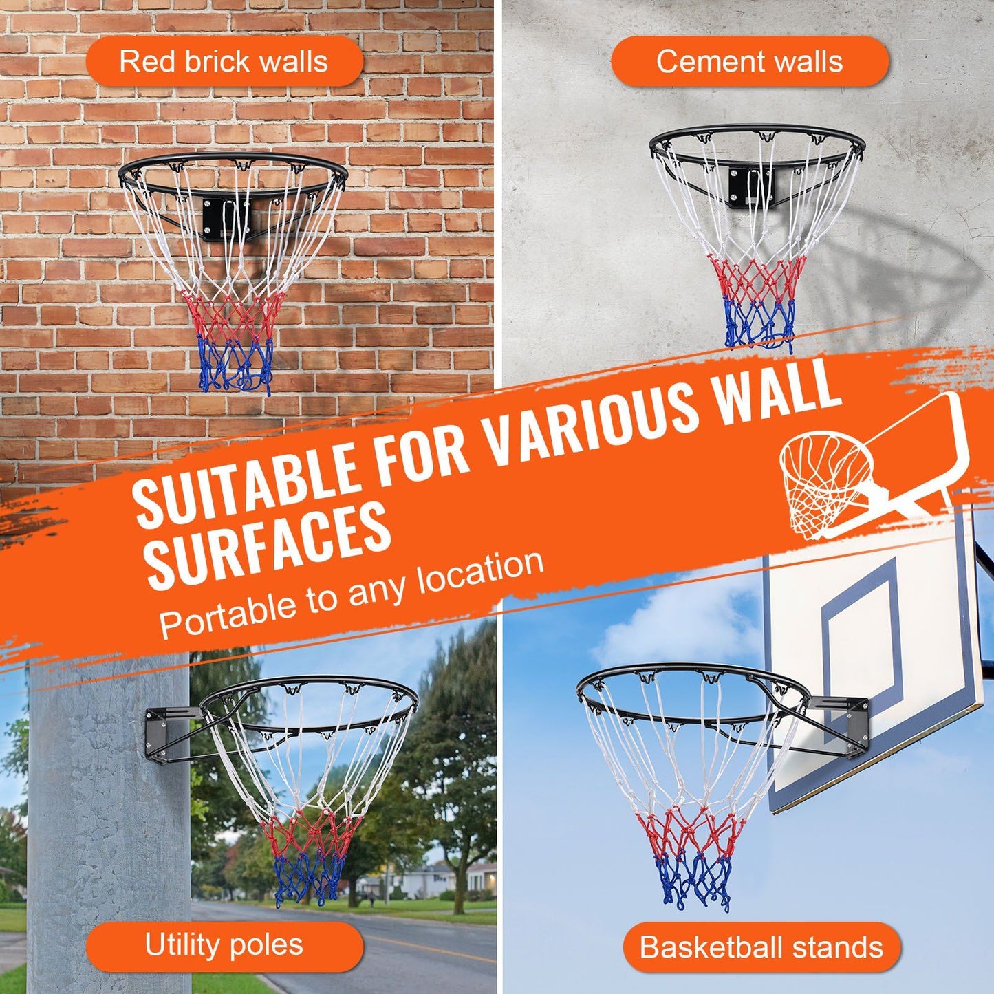 Basketball Rim, Wall Door Mounted Basketball Hoop, Heavy Duty Q235 Basketball Flex Rim Goal Replacement with Net and Double Spring, Standard 18" Indoor Outdoor Hanging Hoop for Kids Adults