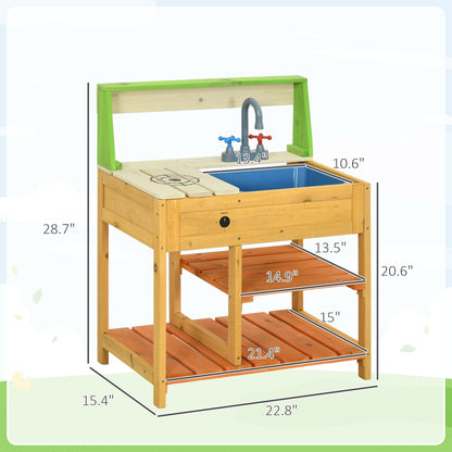 Outsunny Mud Kitchen Outdoor Kitchen Playset for Kids Wooden with Realistic Play Kitchen Toys, Faucet and Sink, Storage Shelves, Gift for Girls and Boys Aged 3-8 Years Old