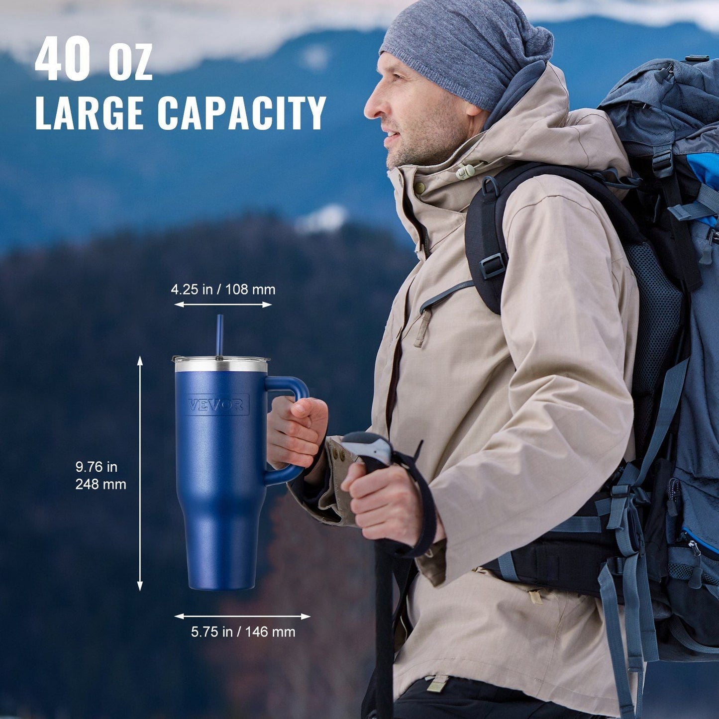 40 oz rambler Insulated tumbler Stainless Steel Coffee Cup Handheld Blue