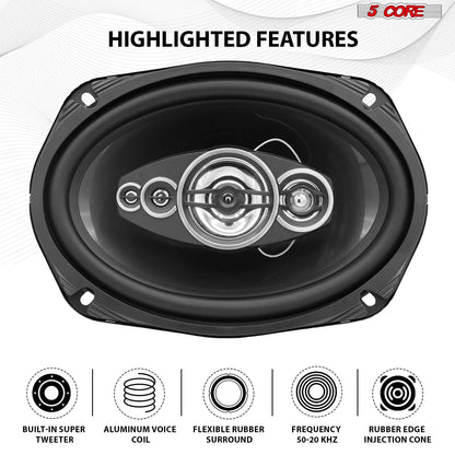 5 Core 6x9 Car Speaker Pair 800W 4Ohm 2 Way Coaxial Speaker w Super Tweeter Universal Fit for Cars Stereo Easy Installation High Performance Sound System for Clear Sound & Deep Bass - CS 69 2W