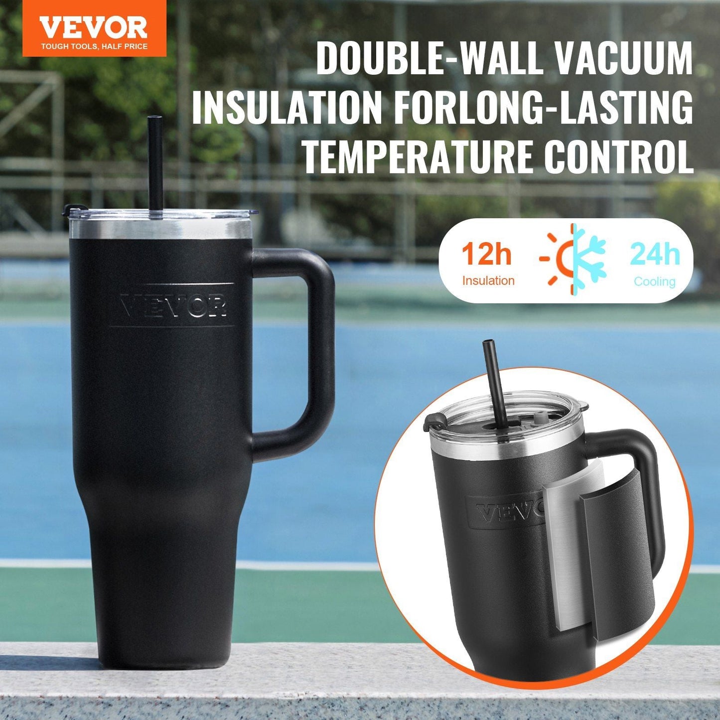 40 oz tumbler Insulated rambler Stainless Steel Coffee Cup Handheld Black