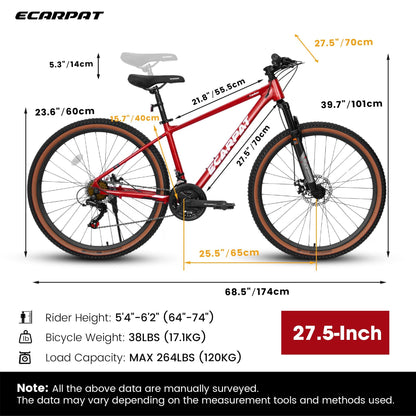 A27312 Mountain Bike 27.5 Inch Wheels, 21-Speed Mens Womens Trail Commuter City Mountain Bike, Aluminium Frame Disc Brakes Thumb Shifter Front Fork Bicycles