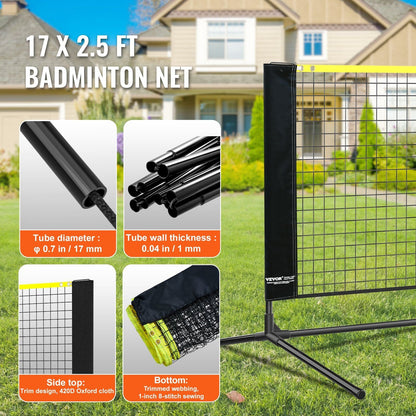Badminton Net, Height Adjustable Volleyball Net, 17ft Wide Foldable Pickleball Net, Portable Easy Setup Tennis Net Set with Poles, Stand and Carry Bag, for Kids Backyard Game Indoor Outdoor Use