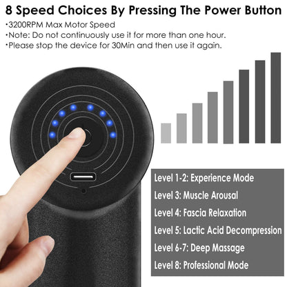 Percussion Massage Gun USB Type C Rechargeable Deep Tissue Vibration Massager Handheld Leg Body Cordless Massager with 4 Interchangeable Heads 8 Intensity Indicators
