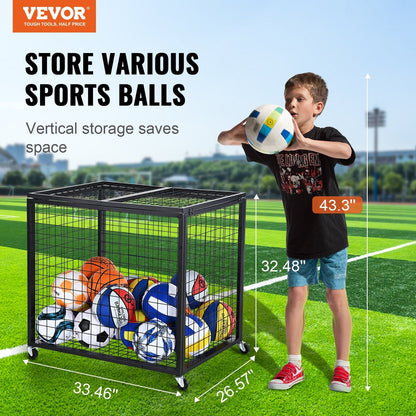 Heavy-Duty Sports Ball Storage Cart with Lockable Basketball Cage and Double Lids