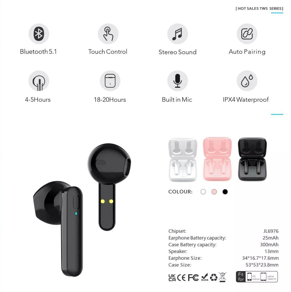 Bluetooth Earphones Y18 Wireless Earbuds Auto Pairing Touch Control LED Light Gaming Voice Calling Headphones