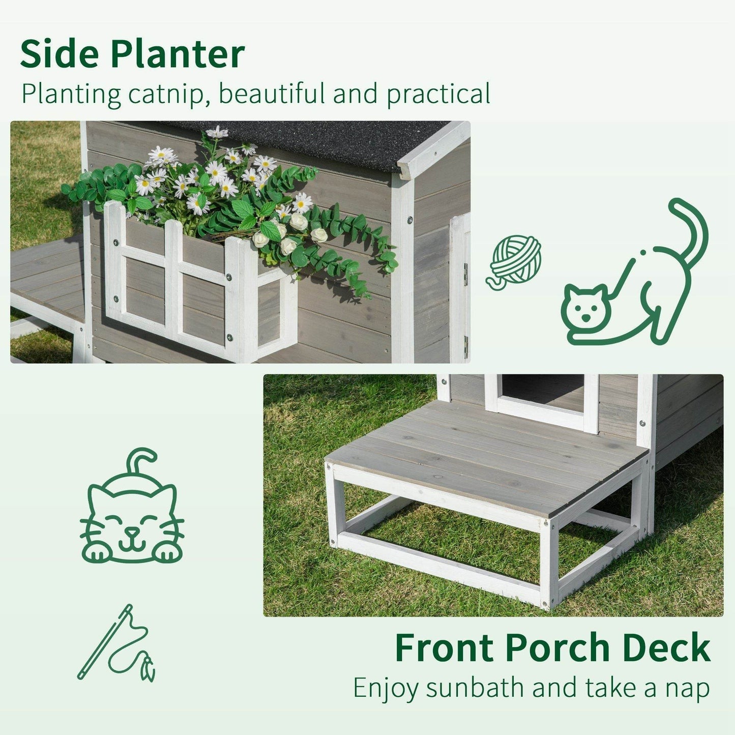 Weatherproof Outdoor Cat House with Porch & Escape Door - Feral Cat Shelter with Plant Stand | Dark Grey/White Wood Construction