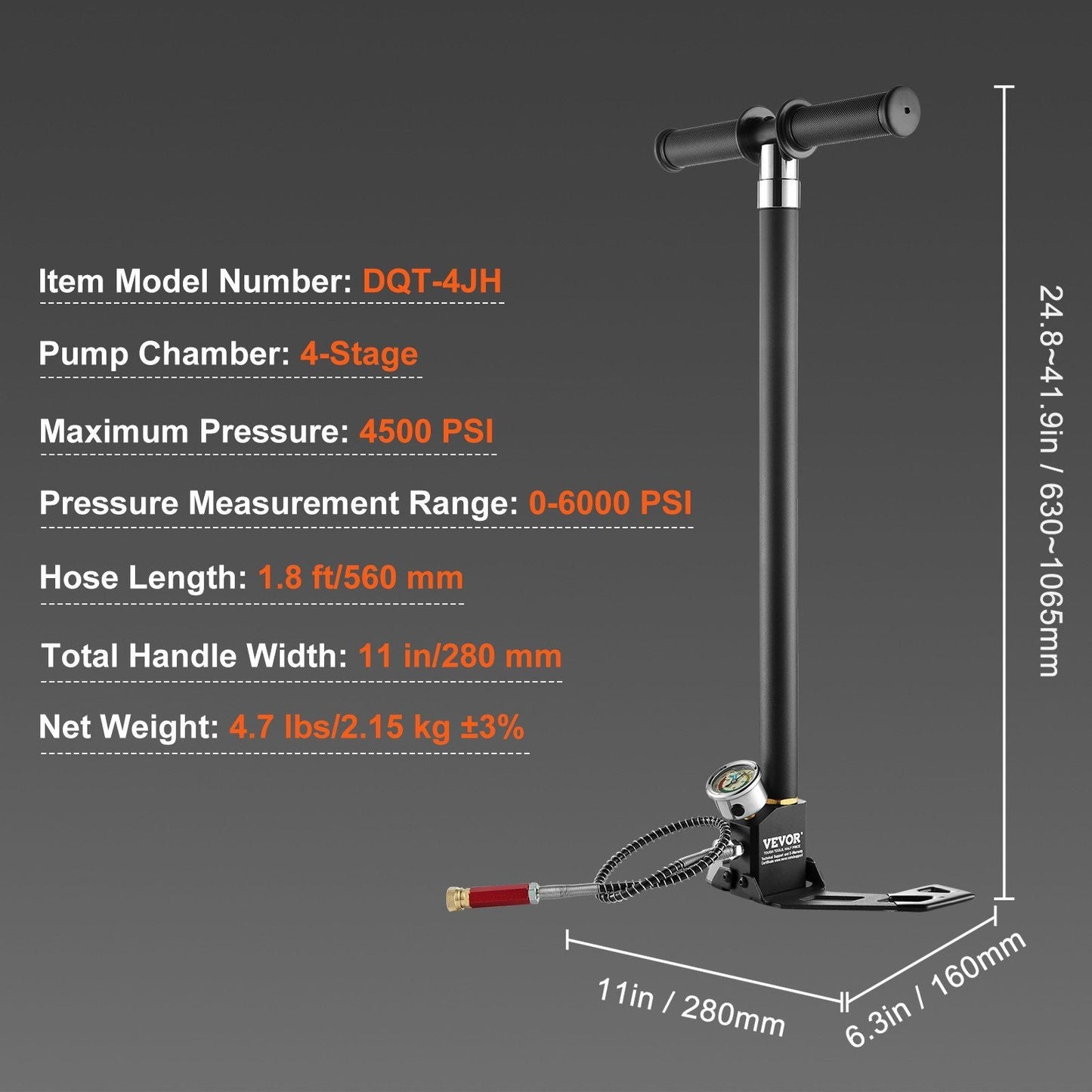 High Pressure PCP Hand Pump - 4500 PSI with Moisture Filter & Pressure Gauge for Airguns & Paintball