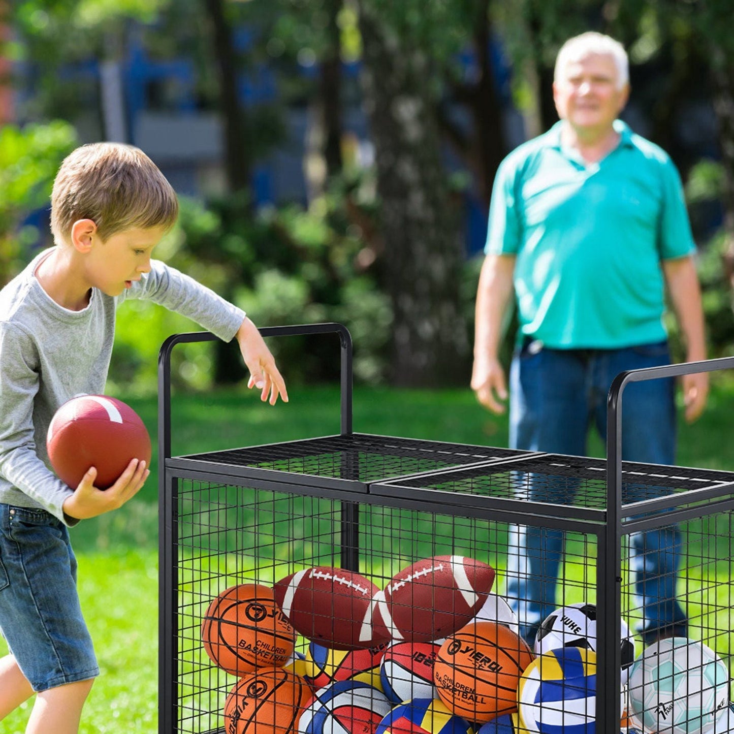 Heavy-Duty Lockable Sports Ball Storage Cart - Double Lid Organizer for Home and Gym