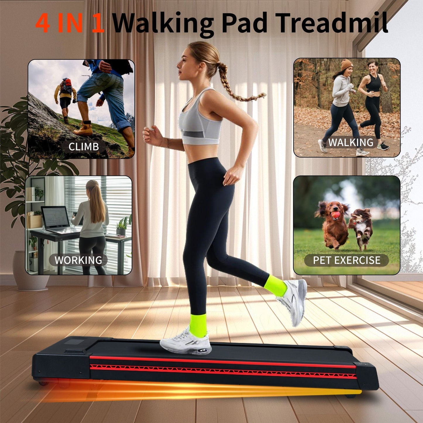 Walking Pad Treadmill with 10° Incline, Remote Control 3HP Portable Compact Treadmills for Home Office, Treadmill 264 lb Capacity, LED Display