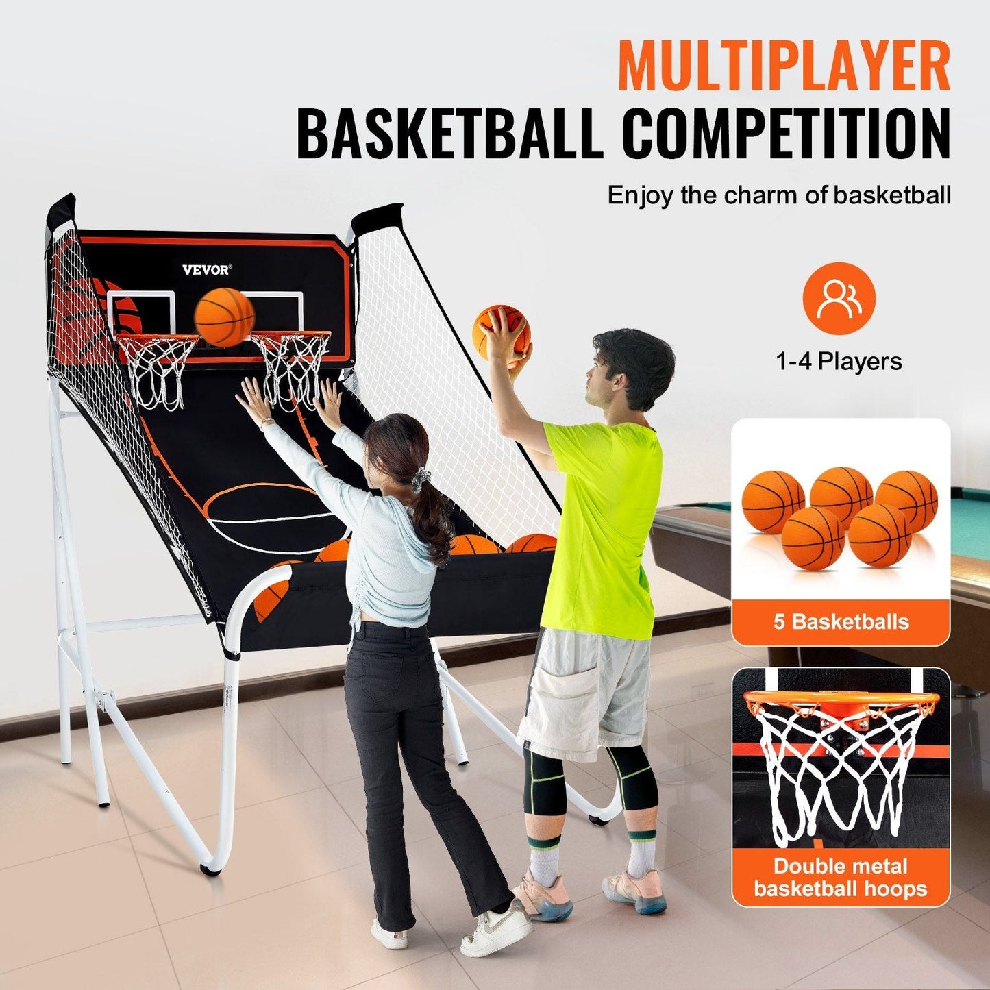 Interactive Indoor Dual Player Basketball Arcade Game with Electronic Scoreboard & Balls