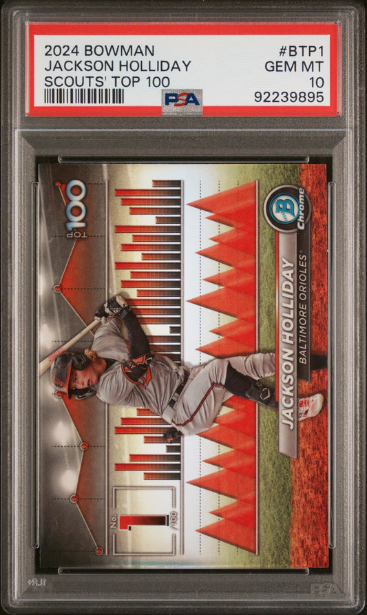 Graded 2024 Topps Bowman Jackson Holliday #BTP1 Scouts Top 100 Rookie RC Baseball Card PSA 10 Gem Mint