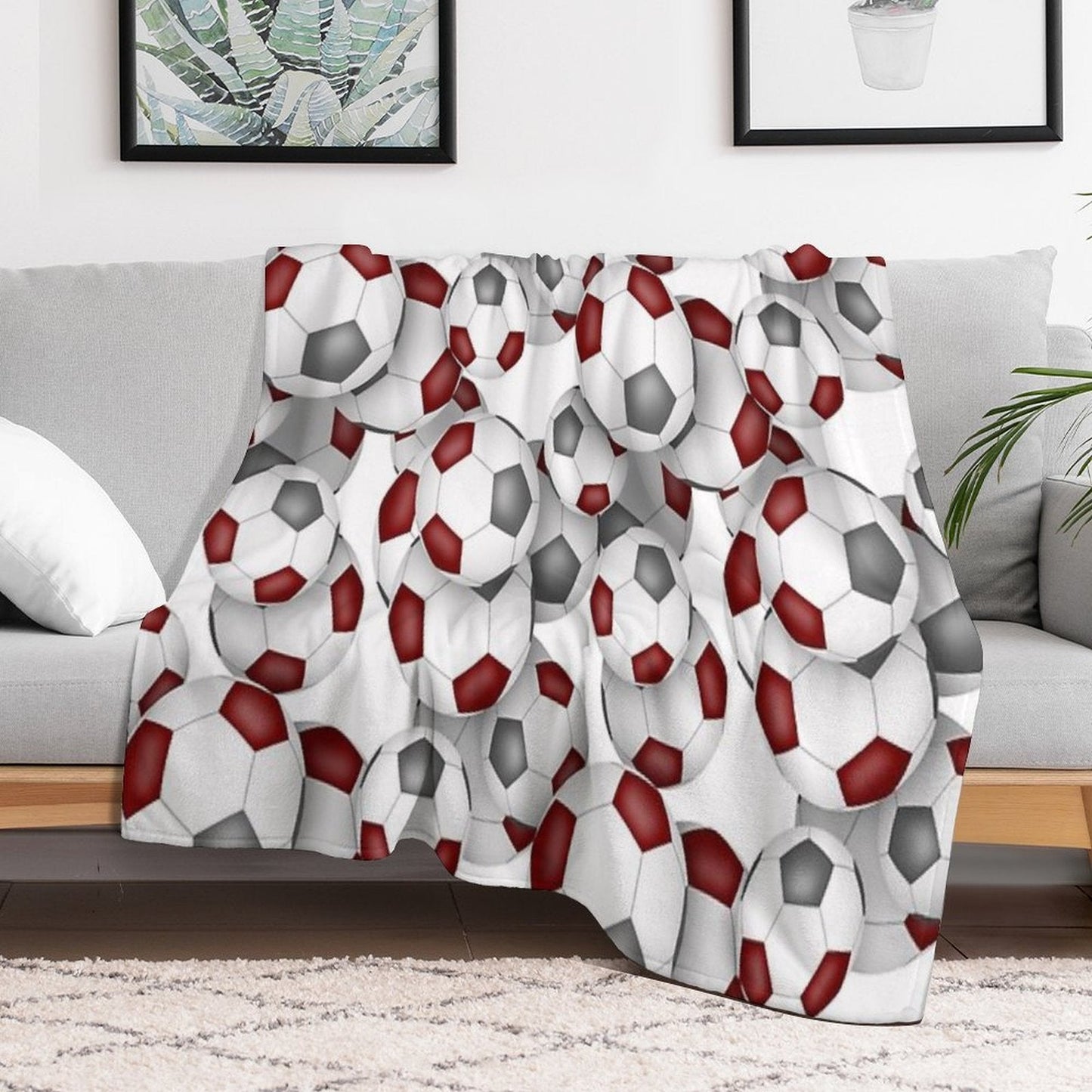 Maroon & Gray Soccer Balls Pattern Throw Blanket