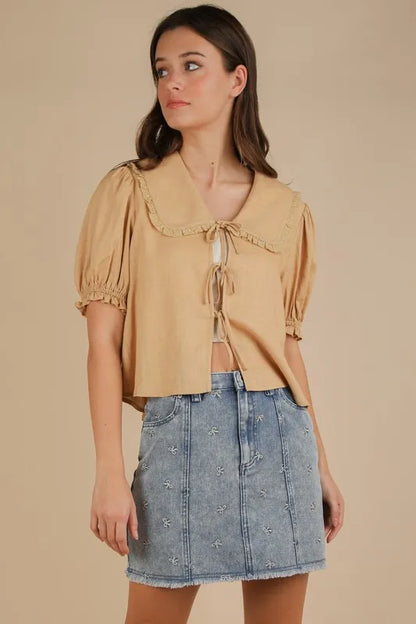 VERY J Bow Printed Casual Denim Mini Skirt