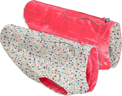 Dog Jacket, Reversible Winter Jacket for Dogs, Pet Coat for Hiking, Water Resistant, Reflective, Lightweight, Wear with Harness, Athletic, Loft Jacket (Liberty Floral, S), Floral/Magenta