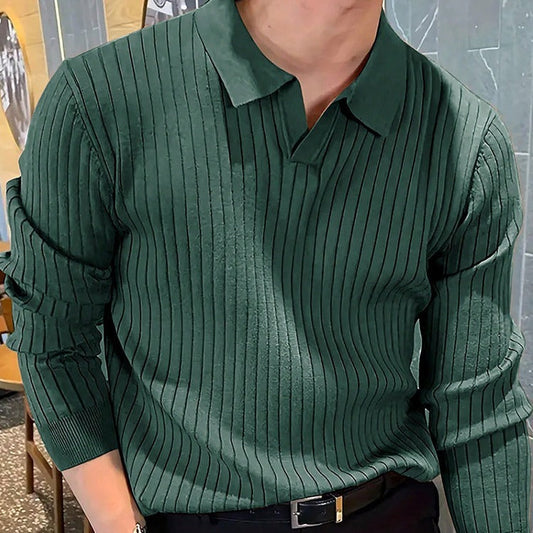 Textured Long Sleeve Polo Shirt - Slim Fit Ribbed Knit Polyester