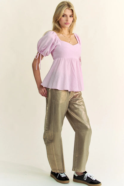 Davi & Dani Solid Elastic Peplum Puffed Sleeves Blouse