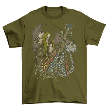 Death Metal Skull Face Guitar Chain Spider Net T-Shirt