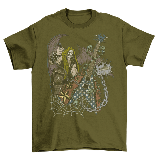 Death Metal Skull Face Guitar Chain Spider Net T-Shirt