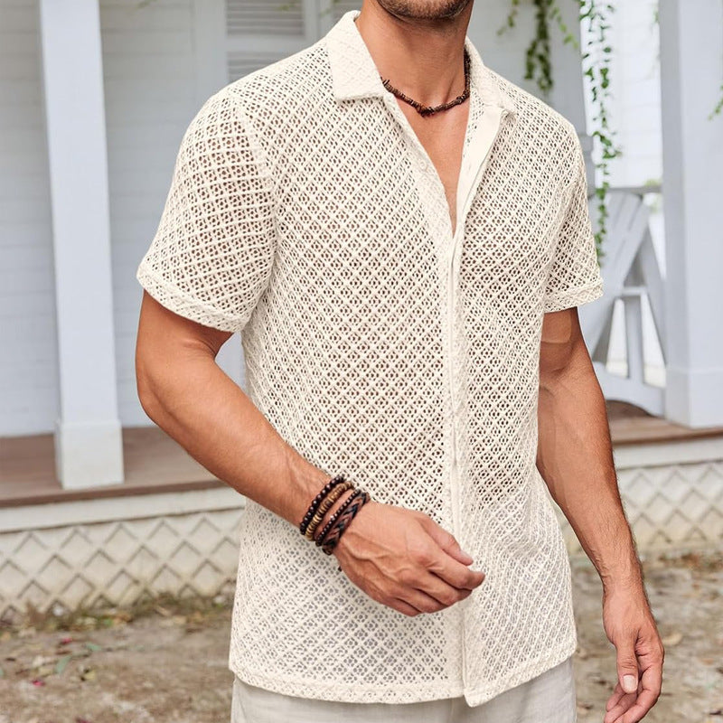 Lightweight Mesh Lapel Shirt - Cotton Blend Short Sleeve Summer Top