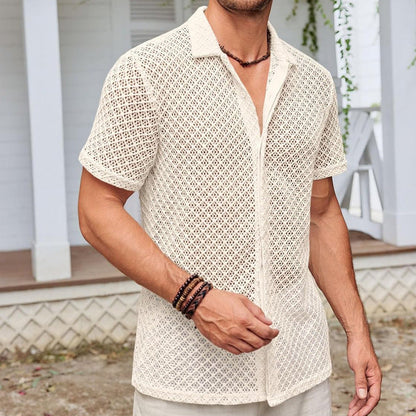 Lightweight Mesh Lapel Shirt - Cotton Blend Short Sleeve Summer Top