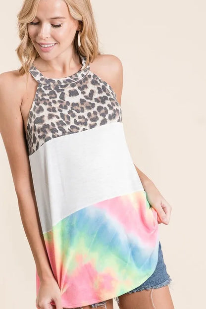 BiBi Leopard and Tie Dye Block Halter Neck Top