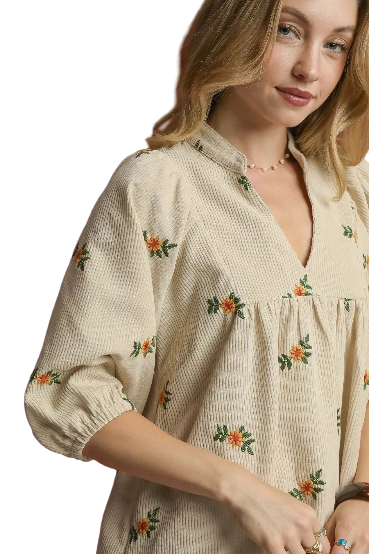 Corduroy Babydoll Dress with Floral Embroidery