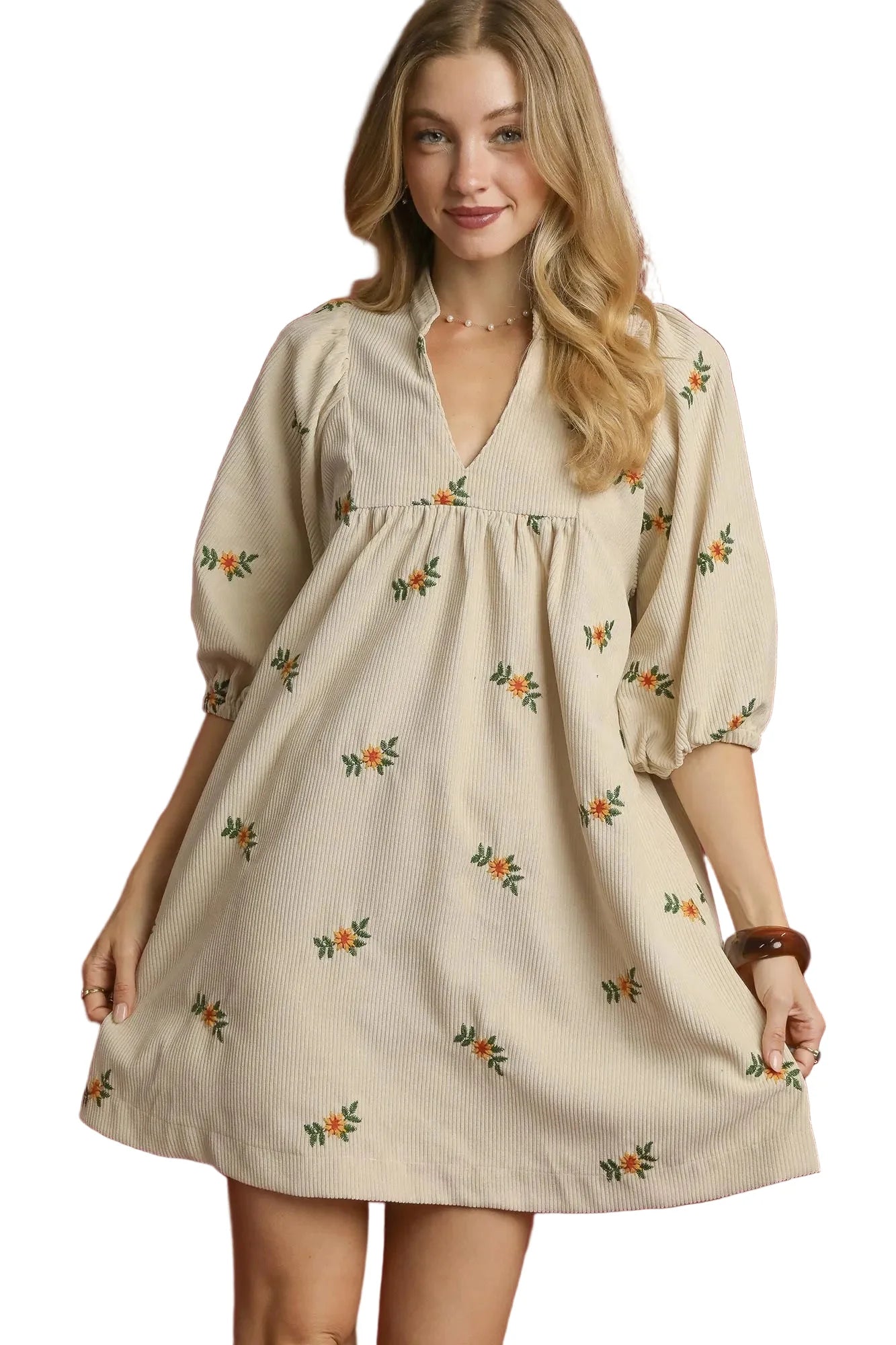 Corduroy Babydoll Dress with Floral Embroidery